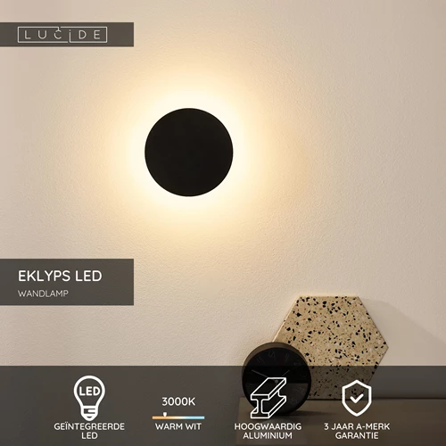 Lucide EKLYPS LED - Wandlamp - Ø 15 cm - LED - 1x7W 3000K - Zwart - USP